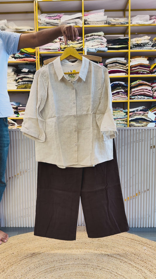 BACK EMBROIDERY LINEN SHIRT WITH LINEN COMFORTABLE STRAIGHT PANT SET