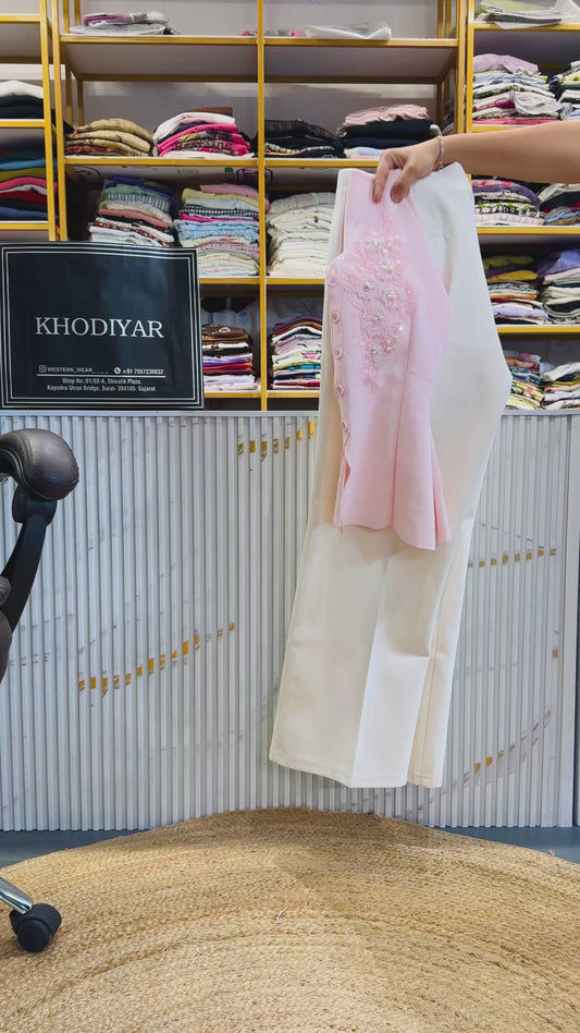 BEST DEMANDING PEARL EMBROIDERY PREMIUM TOP  WITH BELL BOTTOM  PANT SET