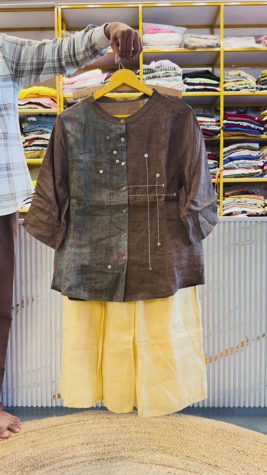 BROWN EMBROIDERY LINEN TOP  WITH LINEN COMFORTABLE PANT SET