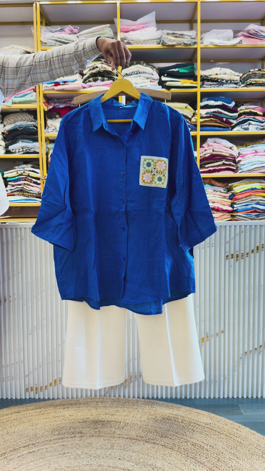 ROYAL BLUE CROCHET PATCH LINEN SHIRT  WITH BELL BOTTOM PANT SET