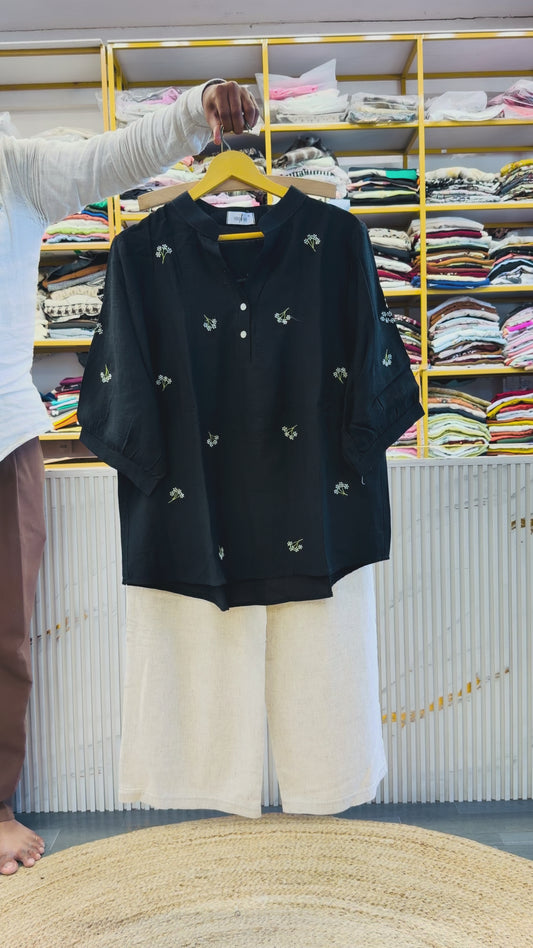 BLACK EMBROIDERY CASUAL TOP  WITH LINEN PANT SET