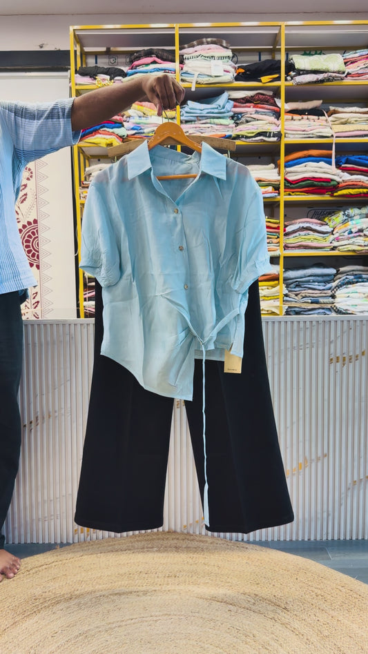 BLUE PINK SIDE BELT TOP WITH BELL BOTTOM PANT SET