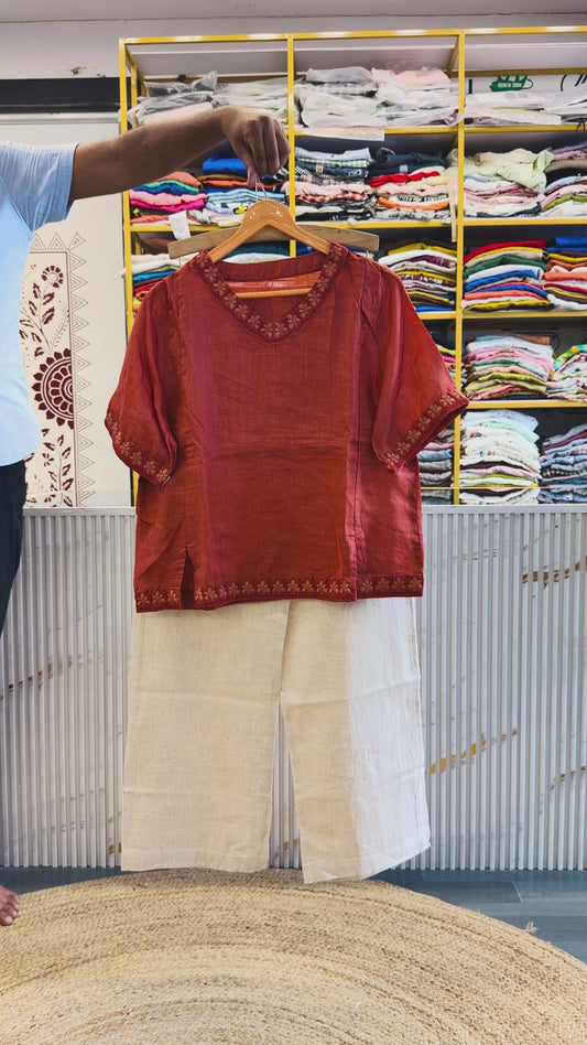 RUST SHADE LINEN EMBROIDERY TOP WITH LINEN STRAIGHT PANT SET