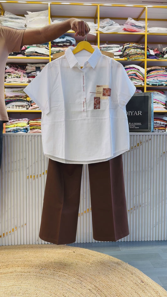 WHITE EMBROIDERY TOP WITH BELL BOTTOM PANT SET