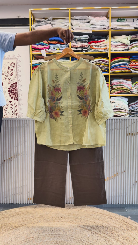 PISTA GREEN LINEN PRINT TOP WITH LINEN STRAIGHT PANT SET