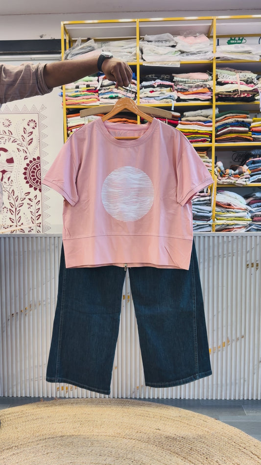 PINK CROP BACK ZIPPER TSHIRT WITH IMPORTED SOFT DENIM PANT SET