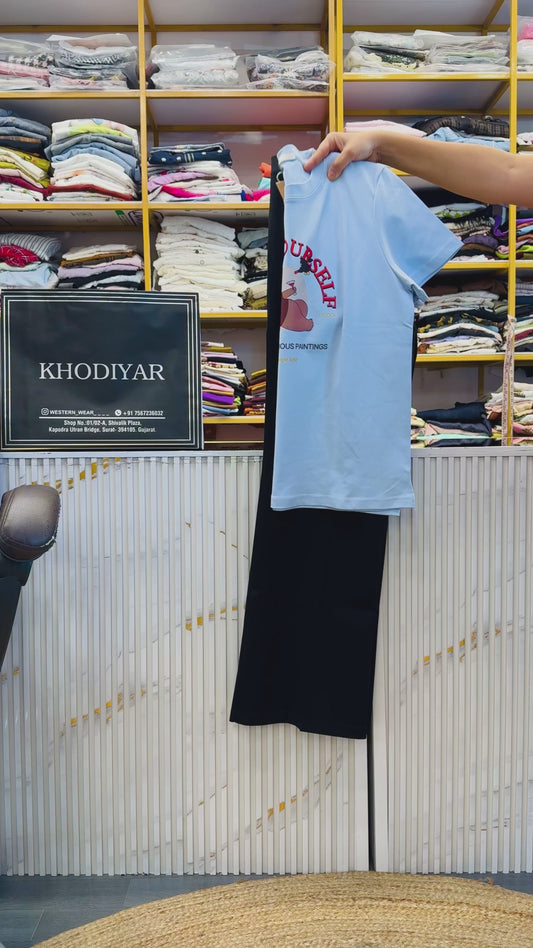 CASUAL PRINT TSHIRT  WITH BELL BOTTOM  PANT SET
