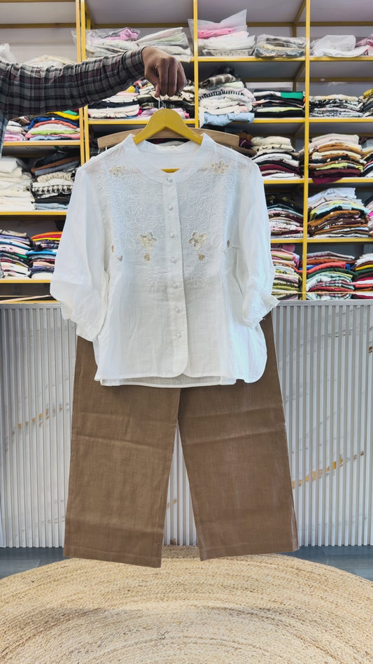 WHITE EMBROIDERY LINEN TOP WITH LINEN STRAIGHT PANT SET