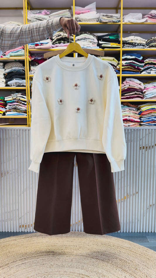OFF WHITE CROP COTTON FULL TSHIRT  WITH BELL BOTTOM PANT SET
