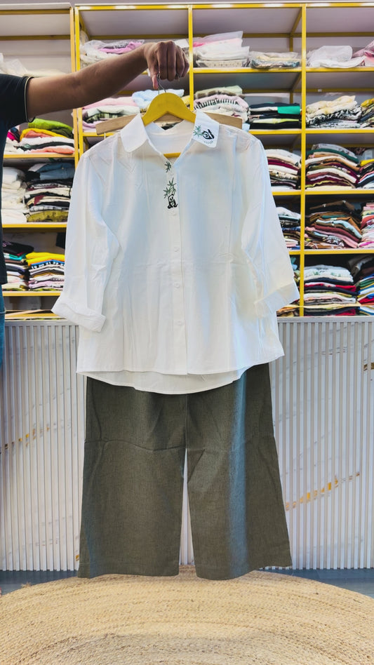 WHITE  EMBROIDERY SHIRT WITH LINEN PANT SET