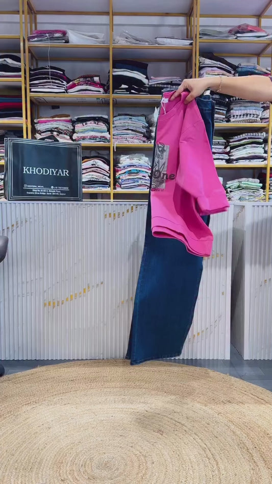 PINK CARTOON PRINT  TSHIRT WITH DBLUES STRAIGHT DENIM PANT SET