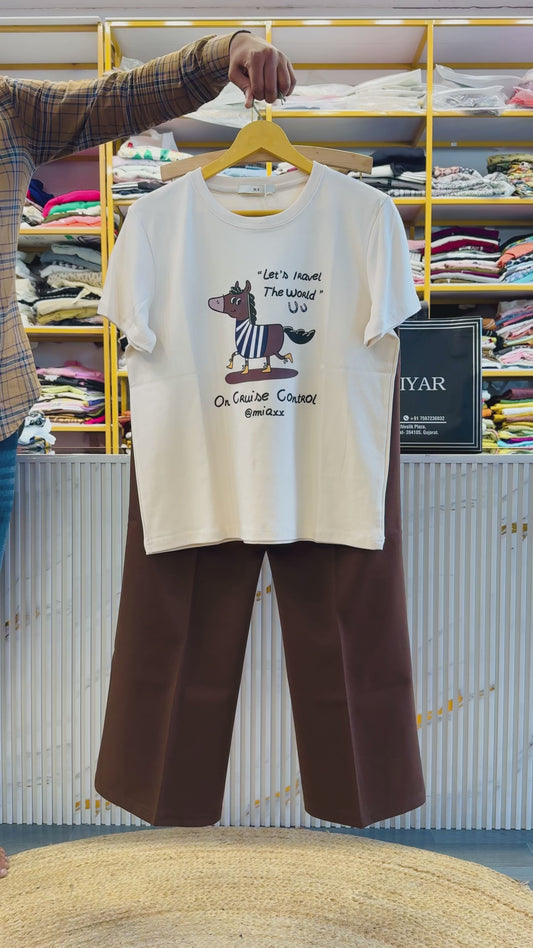 OFF WHITE CASUAL PREMIUM TSHIRT WITH BELL BOTTOM STRETCHABLE TROUSER PANT SET