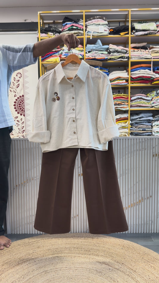 OFF WHITE RING PATCH CROP SHIRT WITH BELL BOTTOM PANT SET