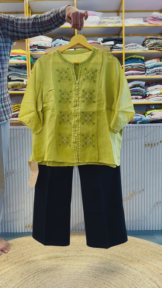 PISTA GREEN EMBROIDERY LINEN SHIRT  WITH BELL BOTTOM STRETCHABLE TROUSER PANT SET