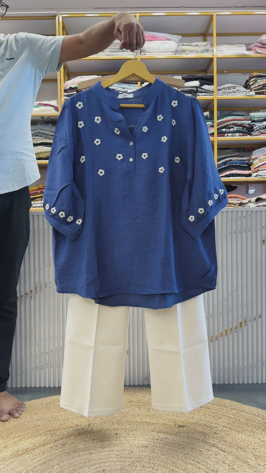LIGHT BLUE EMBROIDERY TOP WITH BELL BOTTOM TROUSER PANT SET