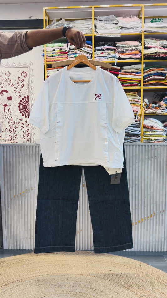 WHITE COTTON TOP CUM TSHIRT WITH IMPORTED SOFT DENIM PANT SET