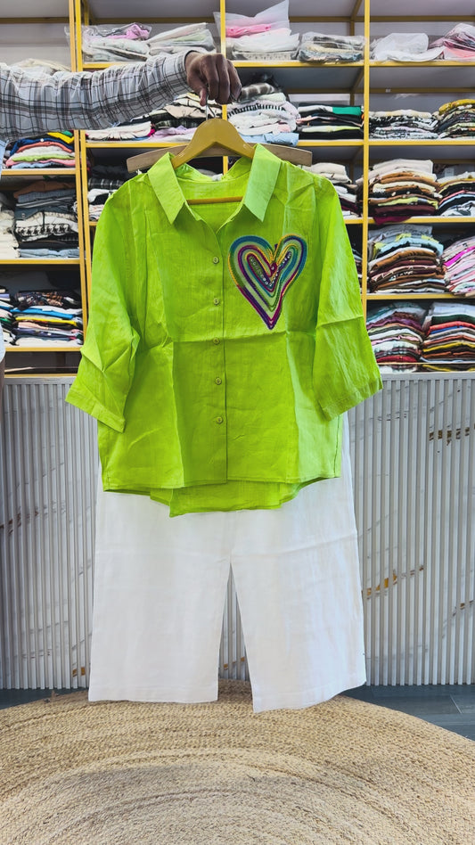 PARROT HEART WOOL DESIGN LINEN SHIRT WITH LINEN STRAIGHT PANT SET