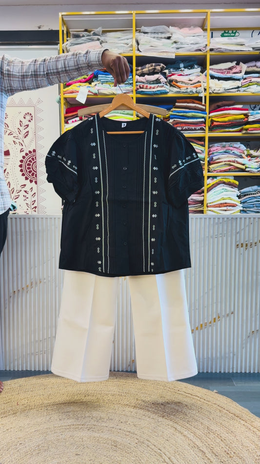 BLACK COTTON EMBROIDERY TOPS WITH BELL BOTTOM PANT SET