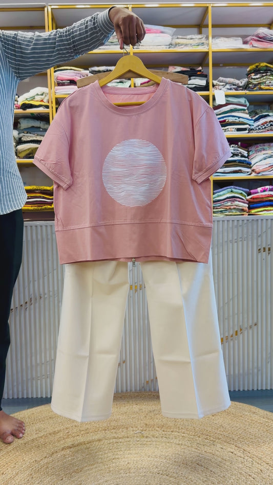 STRIPS PRINT PINK CROP TSHIRT  WITH BELL BOTTOM TROUSER PANT SET