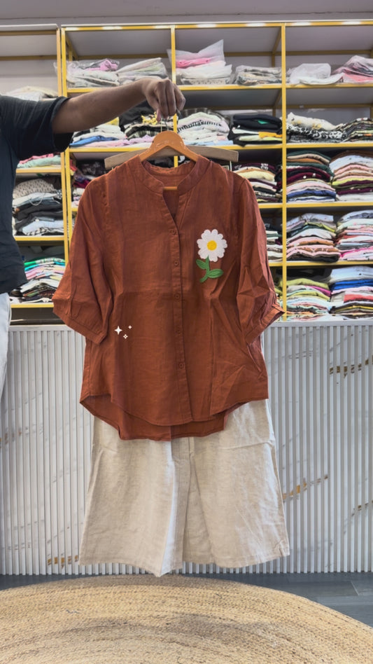 CROCHET SUNFLOWER LINEN TOP  WITH LINEN PANT SET