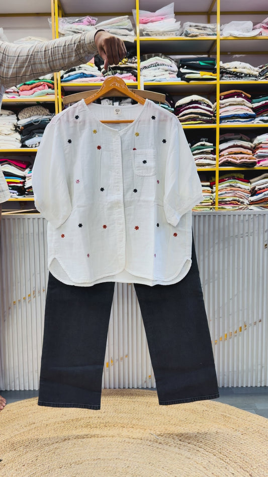 WHITE EMBROIDERY MUL COTTON TOP WITH STRAIGHT DENIM PANT SET
