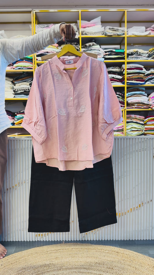 PINK LEAF  EMBROIDERY TOP WITH LINEN STRAIGHT PANT SET