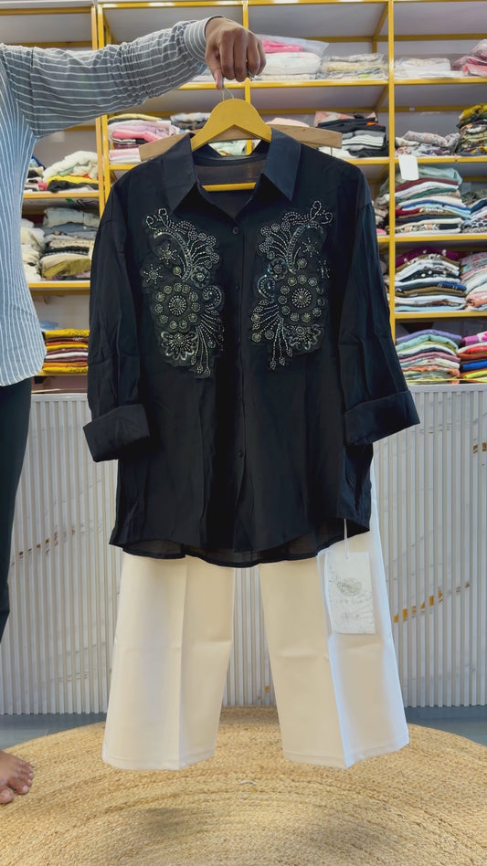 BLACK BEADS EMBROIDERY SHIRT  WITH BELL BOTTOM TROUSER PANT SET