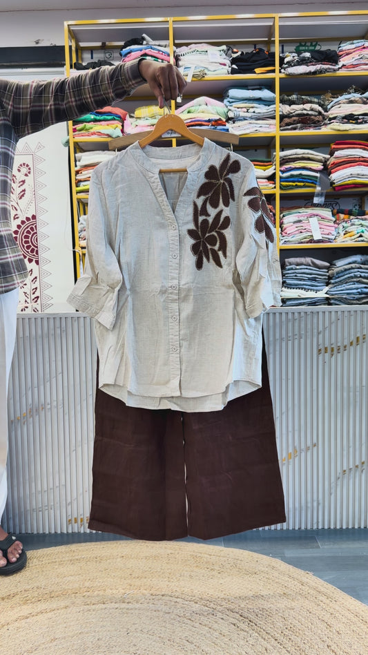 BEAD LEAF EMBROIDERY LINEN TOP WITH LINEN COMFORTABLE PANT SET