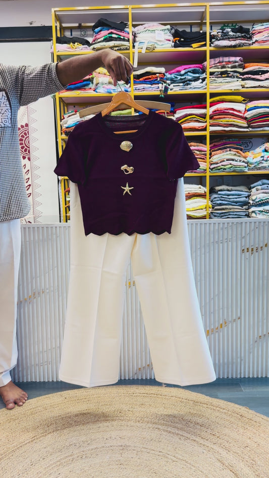 WINE BODY FUTTING SOFT KNITTING TOP WITH BELL BOTTOM PANT SET