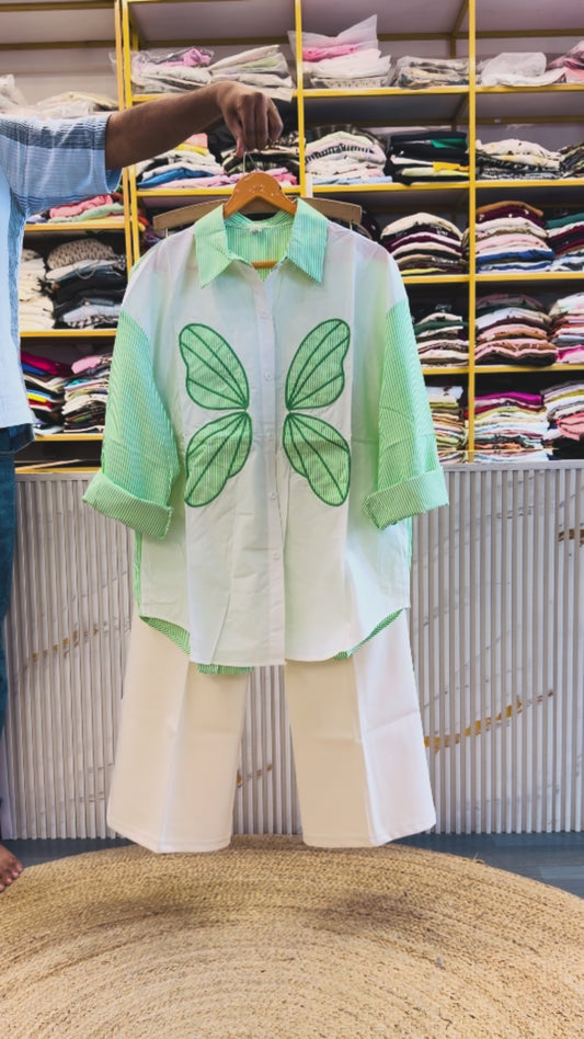GREEN STRIPS BUTTERFLY EMBROIDERY SHIRT  WITH BELL BOTTOM PANT SET