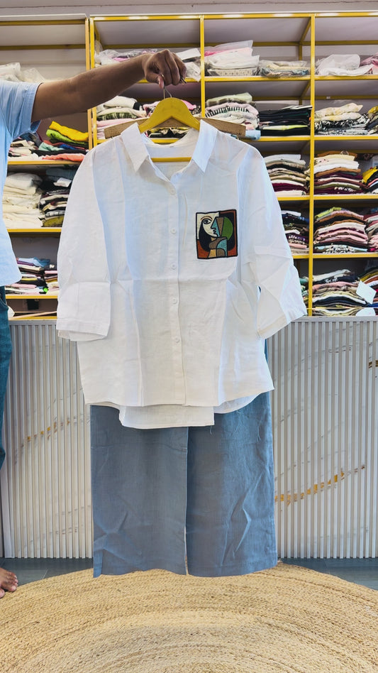 LINEN EMBROIDERY POCKET SHIRT WITH LINEN PANT SET