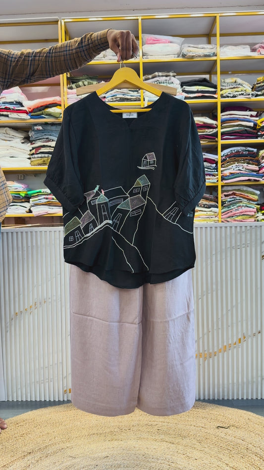BLACK HOUSE  EMBROIDERY TOP WITH LINEN PANT SET