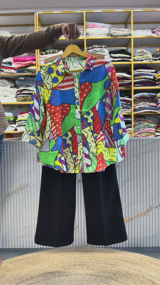 PRINT LINEN SHIRT  WITH BELL BOTTOM TROUSER PANT SET