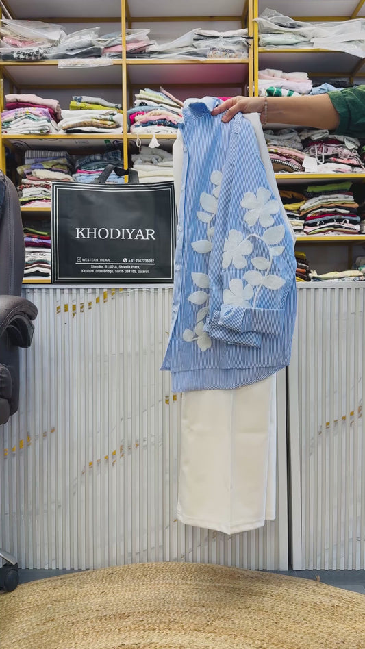 BLUE STRIPS EMBROIDERY SHIRT  WITH BELL BOTTOM PANT SET