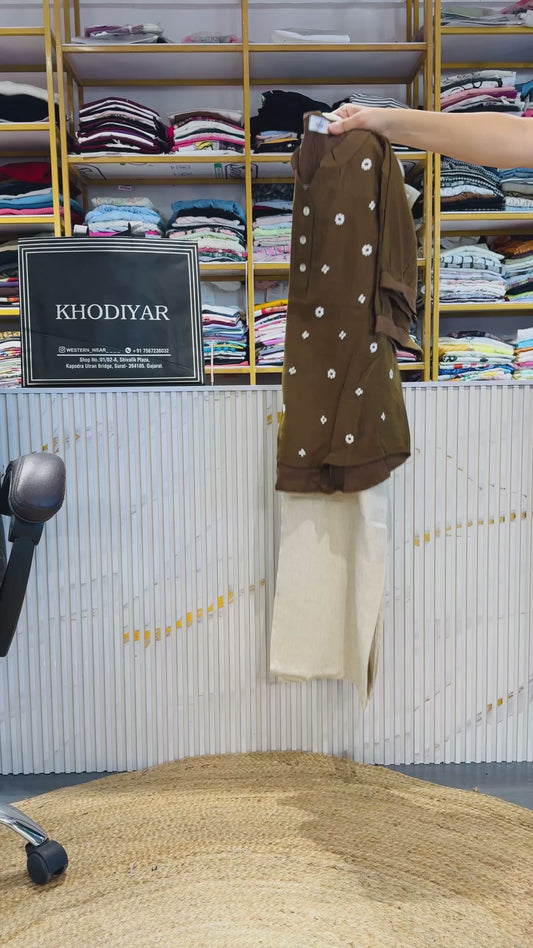 BROWN EMBROIDERY TOP WITH LINEN PANT SET