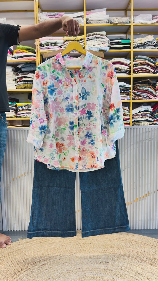 PRINT LINEN SHIRT WITH SOFT DENIM PANT SET