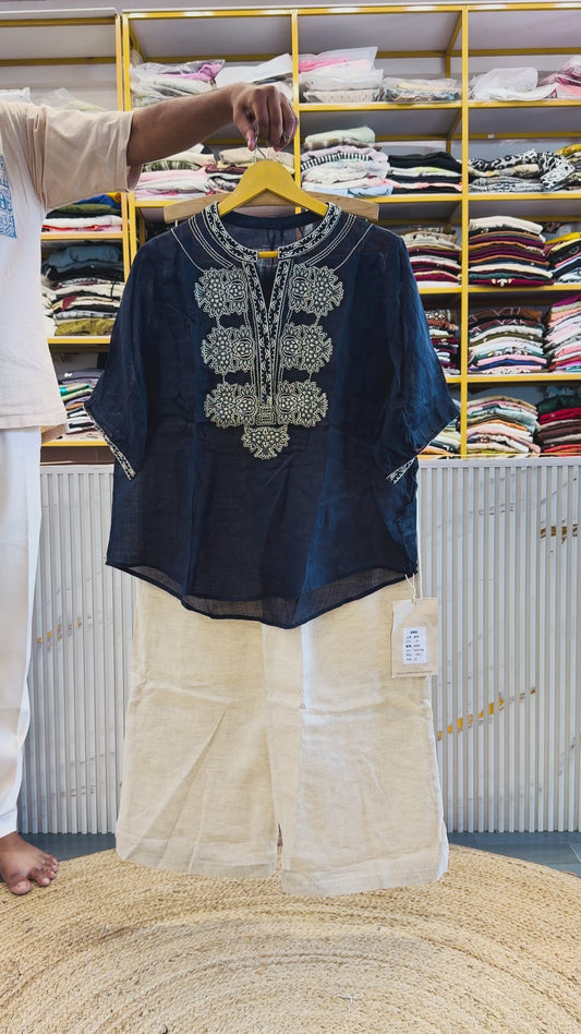 NAVY BLUE EMBROIDERY LINEN TOP WITH LINEN COMFORTABLE PANT SET