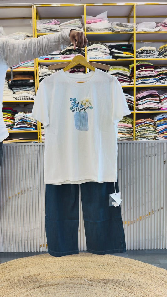 WHITE PRINT CASUAL TSHIRT WITH SOFT DENIM PANT SET