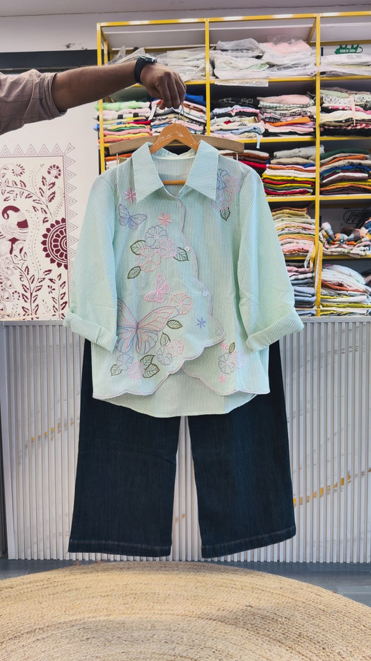 STRIPS BUTTERFLY COTTON SHIRT WITH IMPORTED SOFT DENIM PANT SET