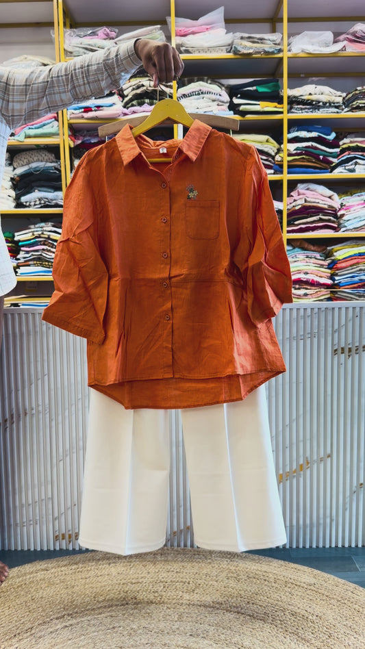 ORANGE POCKET EMBROIDERY LINEN SHIRT WITH BELL BOTTOM PANT SET