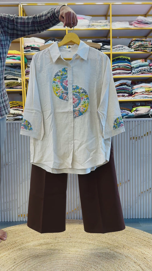 OFF WHITE COTTON EMBROIDERY TOP  WITH BELL BOTTOM TROUSER PANT SET