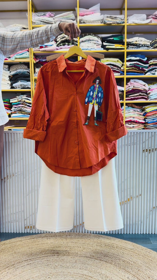 DOLL PATCH ORANGE SHIRT WITH BELL BOTTOM PANT SET