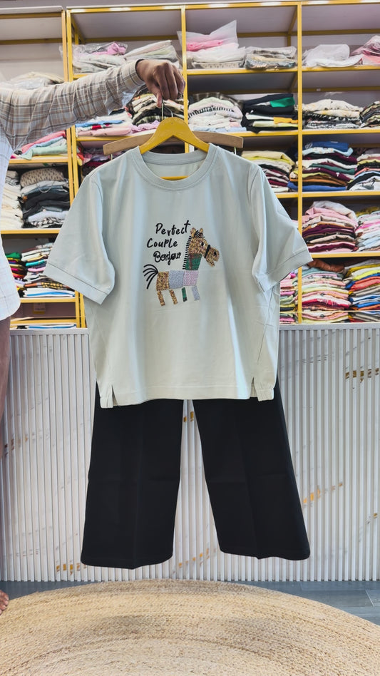 CASUAL PRINT TSHIRT  WITH BELL BOTTOM  PANT SET