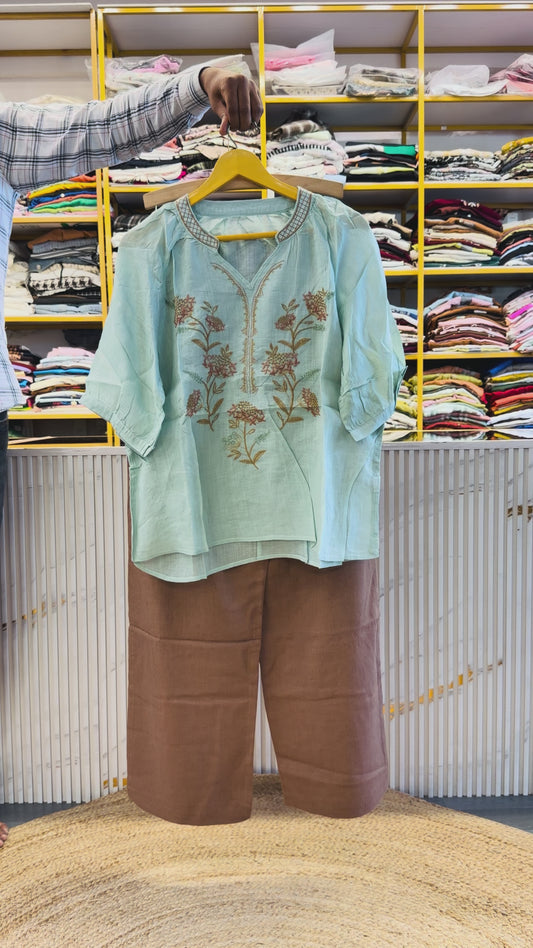 SEA GREEN  LINEN EMBROIDERY TOP WITH LINEN PANT SET