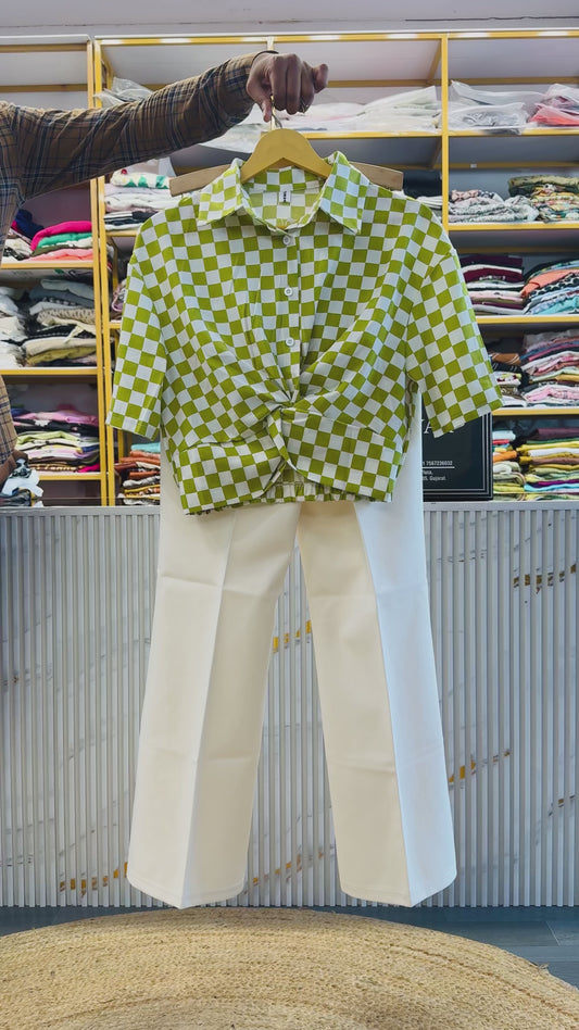 PARROT CHEX PRINT CROP TOP WITH BELL BOTTOM STRETCHABLE TROUSER PANT SET