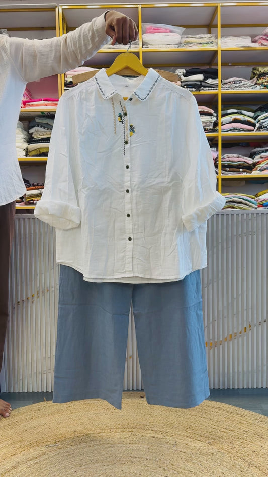 WHITE MULL COTTON EMBROIDERY SHIRT WITH LINEN COMFORTABLE PANT SET