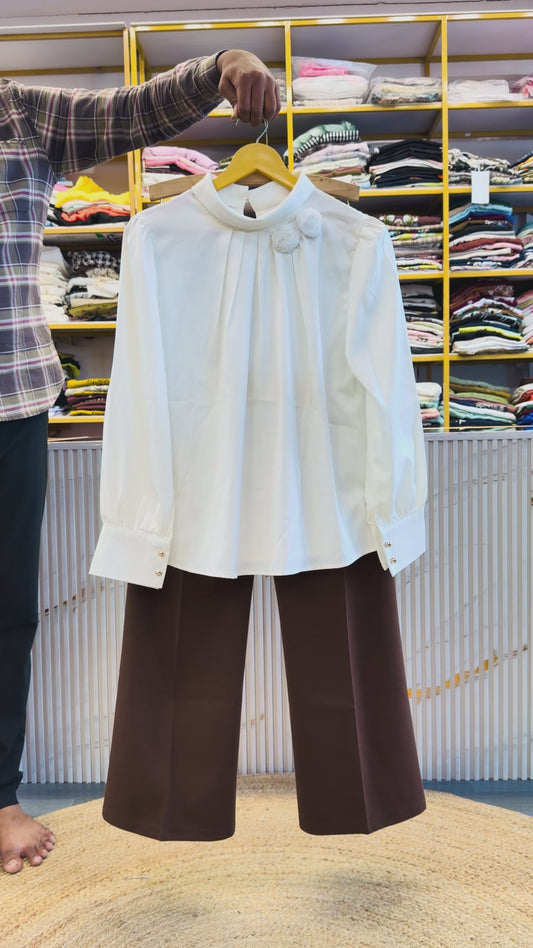 FORMAL WHITE SATIN TOP  WITH BELL BOTTOM TROUSER PANT SET