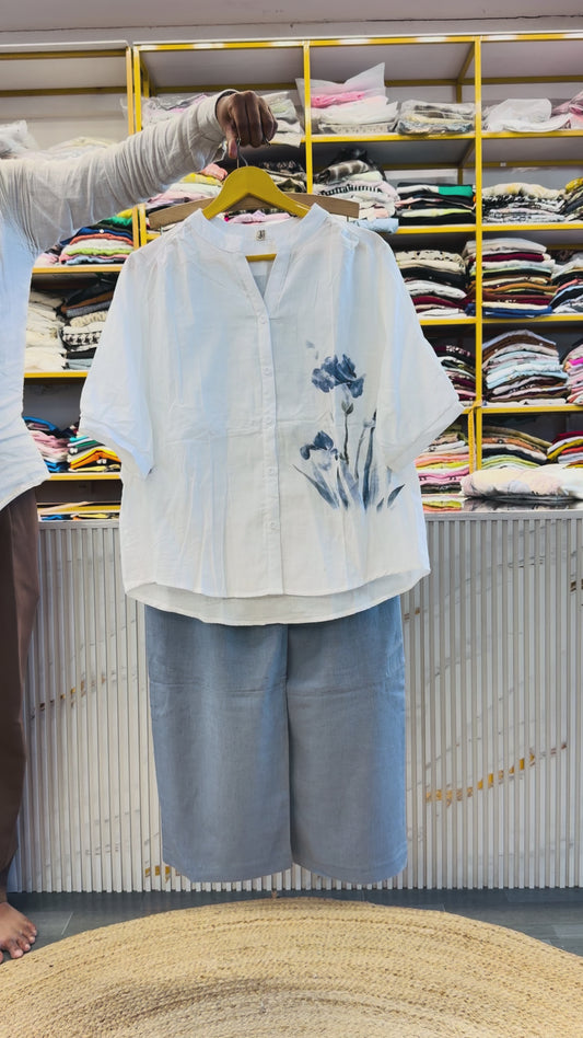 WHITE MUL COTTON PRINT SHIRTTOP  WITH LINEN PANT SET