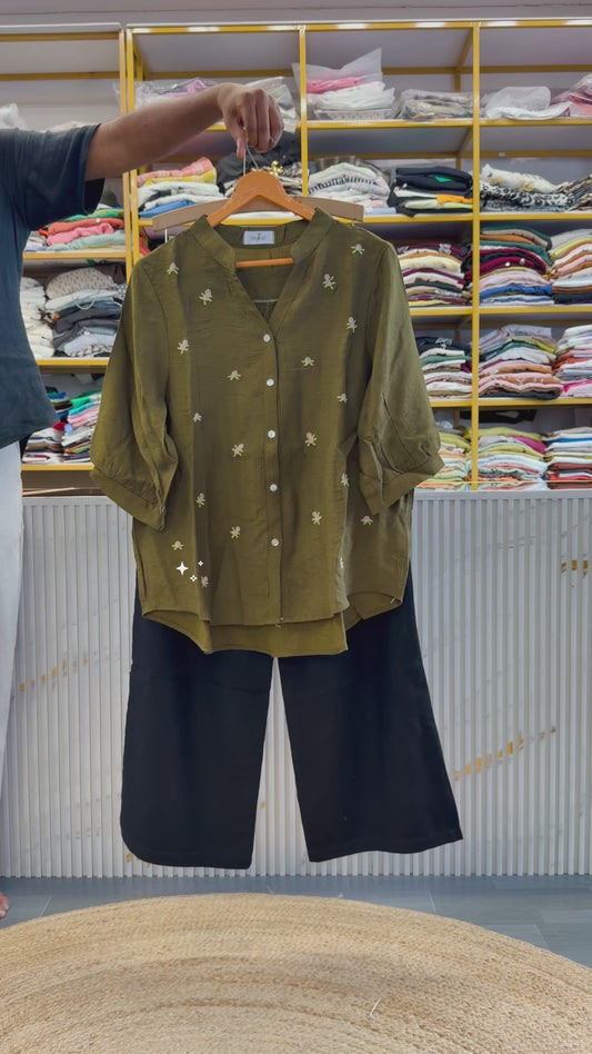 MEHNDI EMBROIDERY CASUAL SHIRT  WITH LINEN PANT SET