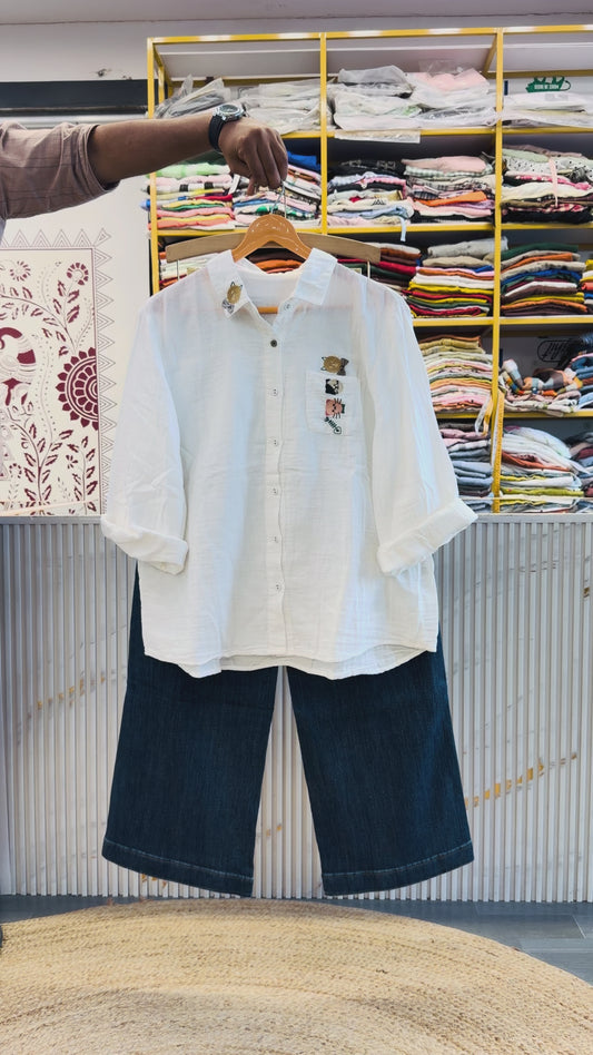 WHITE MUL COTTON SHIRT WITH IMPORTED SOFT DENIM PANT SET